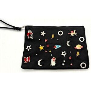 Stradivarius Wristlet‎ Accessory Zipper Bag Sewn Enamel Pins Blk Silver Hardware